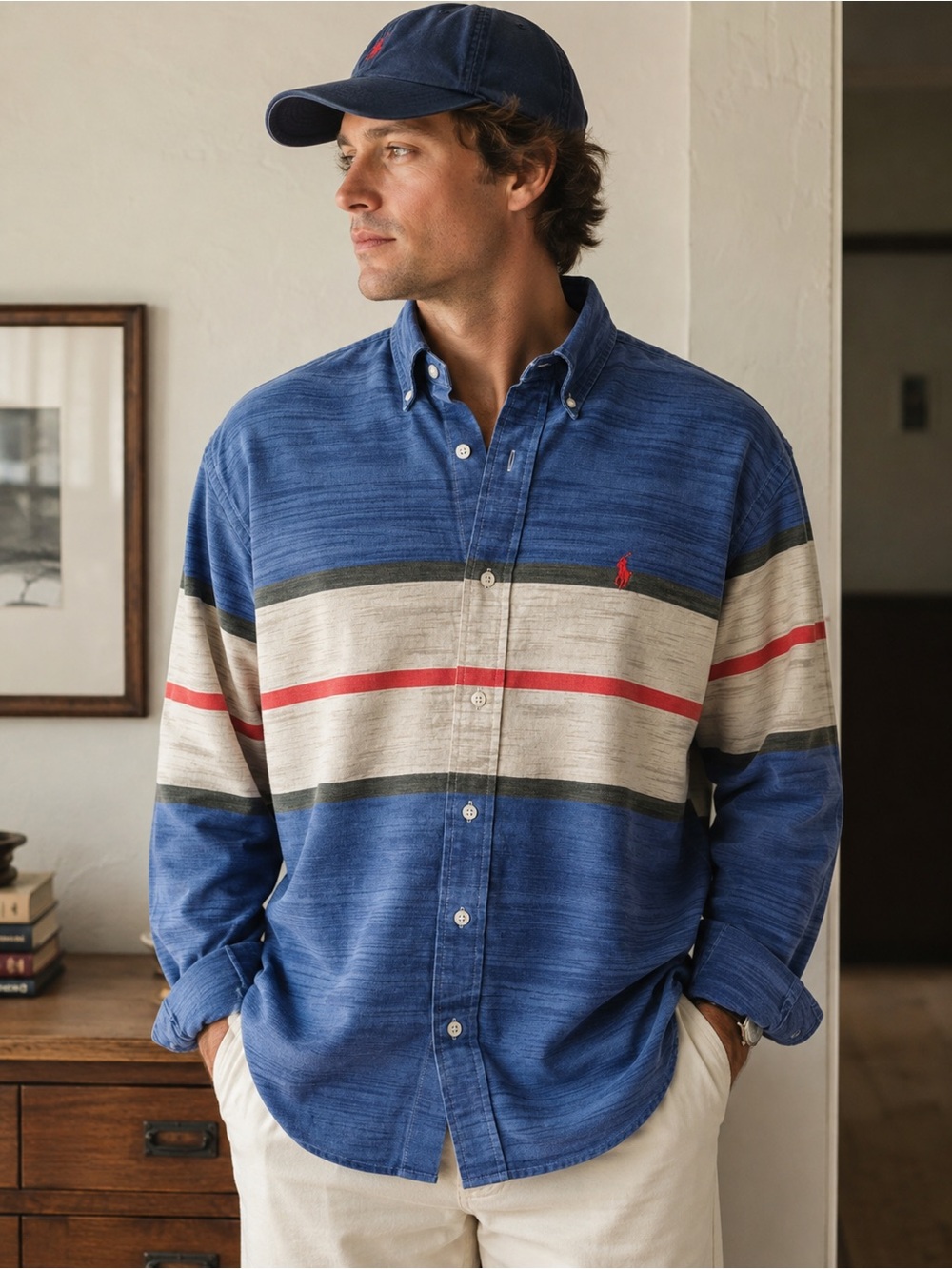 Rare Ralph Lauren vintage Blue Striped Button-Down with Red Logo